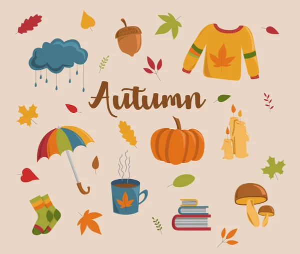 Set Von Niedlichen Herbst Cartoon Figuren Pflanzen Und Nahrung Herbstzeit — Stockvektor