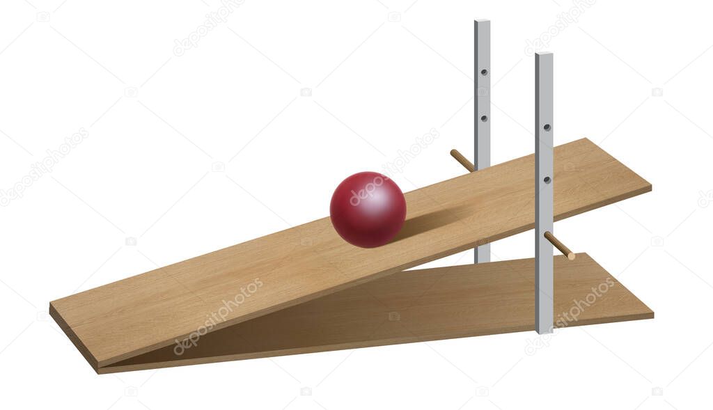Rotational kinetic energy. Example with board and ball. 3D illustration