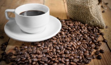 Kahve fincanı ve kahve çekirdeği.