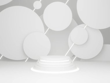 Üç boyutlu illüstrasyon. Neon ışıklı beyaz geometrik ürün standı.