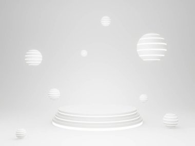 Üç boyutlu illüstrasyon. Neon ışıklı beyaz geometrik ürün standı.