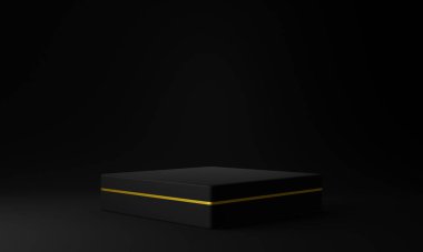 Siyah ve altın renkli geometrik podyum. Karanlık arka plan. 3B illüstrasyon.