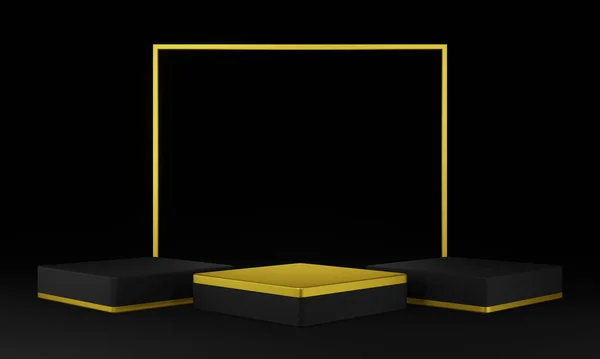 黑色和金色的几何讲台 黑暗的背景3D插图 — 图库照片
