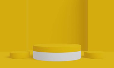 Sarı ve beyaz podyum. Geometrik ürün standı. 3B illüstrasyon.
