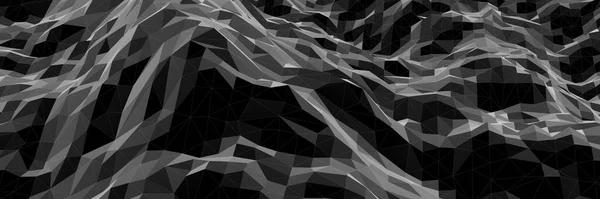 3D black and white low polygon topographic terrain.