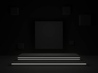 Beyaz neon lambalı 3D siyah geometrik duruş