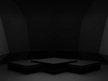 3D siyah geometrik ürün podyumu. Koyu arkaplan.