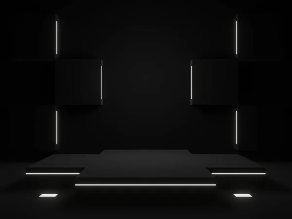 Vykreslený Černý Geometrický Stojan Bílými Neonovými Světly — Stock fotografie