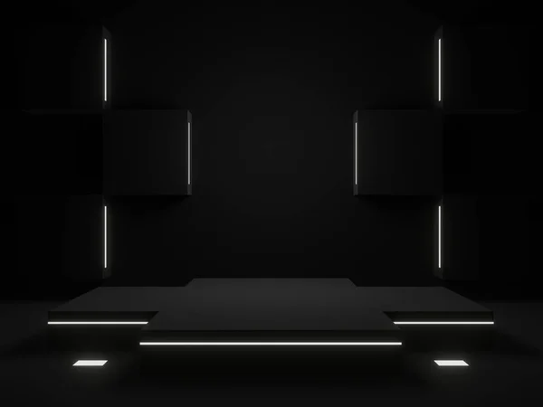 Beyaz neon lambalı 3D siyah geometrik duruş
