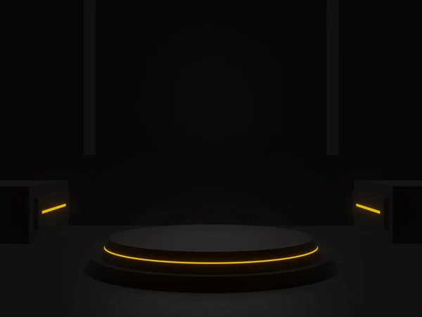 Rendered Black Futuristic Podium Yellow Neon Lights — Stockfoto