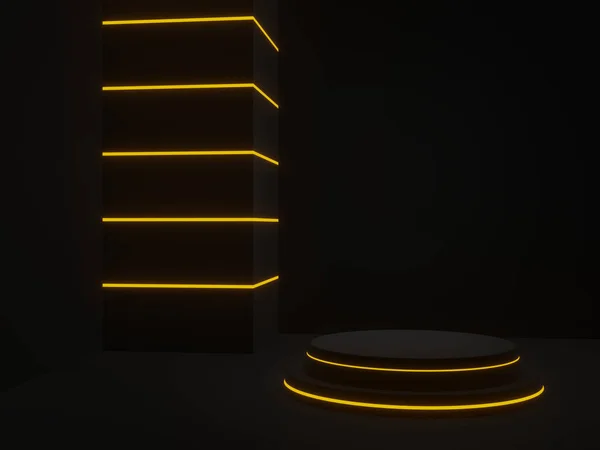 Rendered Black Futuristic Podium Yellow Neon Lights — Stockfoto