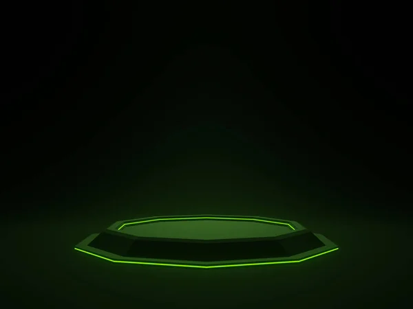 Ilustrace Černý Futuristický Stojan Zelenými Neonovými Světly Vědecké Pódium — Stock fotografie