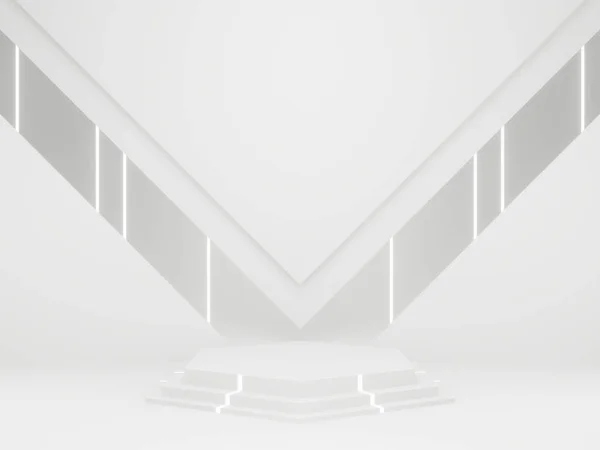 3Dはネオンライトで白い未来的な製品スタンドをレンダリング — ストック写真