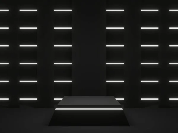 Rendered Black Geometric Stand White Neon Lights — Stock Photo, Image