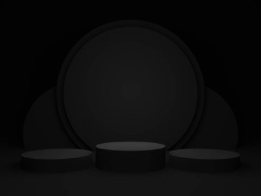 Üç boyutlu siyah geometrik podyum. Koyu arkaplan.