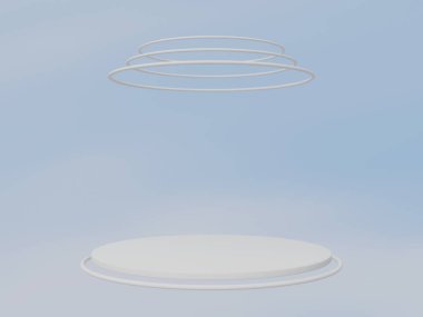 Gökyüzü arka planında beyaz podyum. 3B görüntüleme.