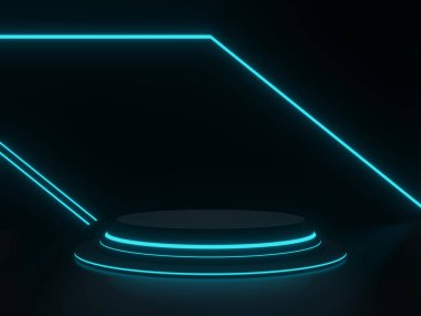 3D, mavi neon ışıklı siyah bilimsel sahne
