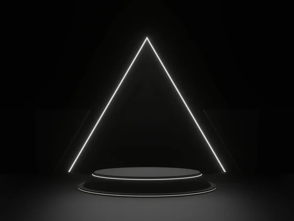 stock image 3D Black geometric stage podium with white neon light. Dark background.