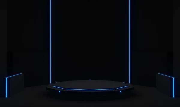 Üç boyutlu illüstrasyon. Mavi neon ışıkları olan siyah fütüristik stand. Bilimsel podyum.