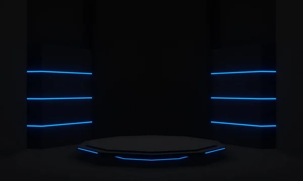 Üç boyutlu illüstrasyon. Mavi neon ışıkları olan siyah fütüristik stand. Bilimsel podyum.