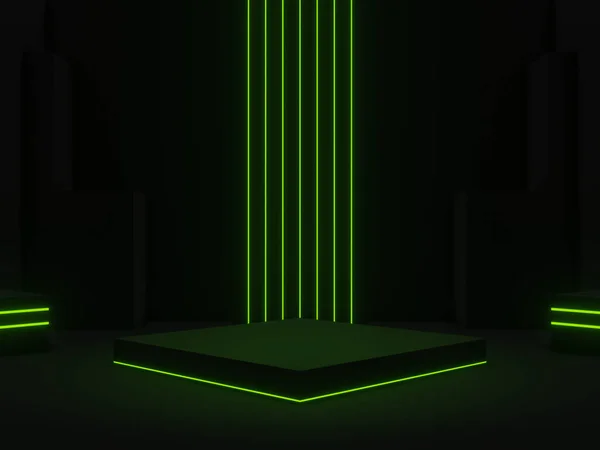 Rendered Black Scientific Stage Green Neon Lights — Stock Photo, Image