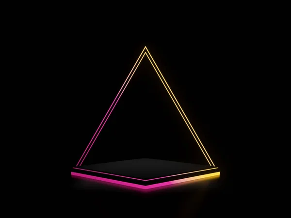 Gradyan neon ışıkları olan 3 boyutlu siyah bir tabela. Koyu arkaplan