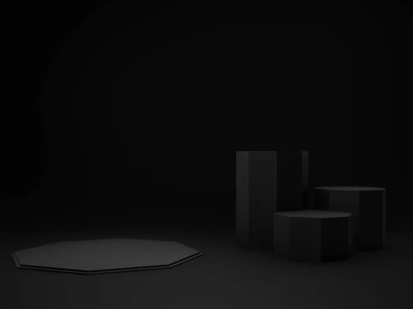 3D siyah geometrik ürün podyumu. Koyu arkaplan.