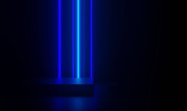 Mavi şeritli neon ışıkları olan 3B siyah arkaplan