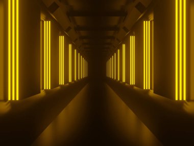 Üç boyutlu sarı neon tünel. Sarı neon ışıklı siyah arkaplan