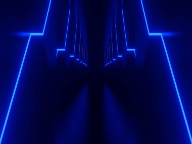 3D mavi neon tünel. Mavi neon ışıklı siyah arkaplan