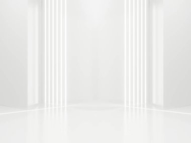 Üç boyutlu beyaz geometrik arka plan ve neon ışıkları. Beyaz arkaplan