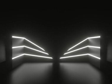 Beyaz soyulmuş neon ışıkları olan 3B siyah arkaplan