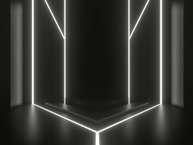 Beyaz soyulmuş neon ışıkları olan 3B siyah arkaplan