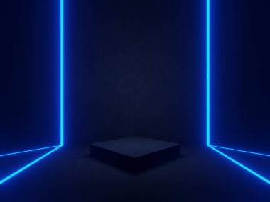 Mavi neon ışıklı üç boyutlu beton arkaplan