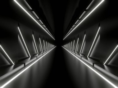 Üç boyutlu neon tünel. Beyaz neon ışıklı siyah koridor