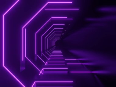 Mor neon ışıklı 3D bilim kurgu siyah tünel
