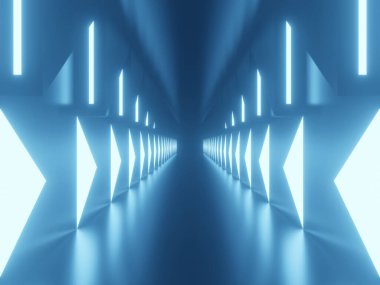 Üç boyutlu neon tünel. Mavi ışıklı siyah arkaplan