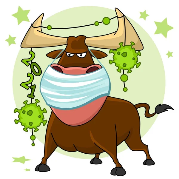 牛的例证 2021年中国新年的象征 有一头戴着面具的公牛 一个有数量和病毒的花环挂在它的角上 免版税图库插图