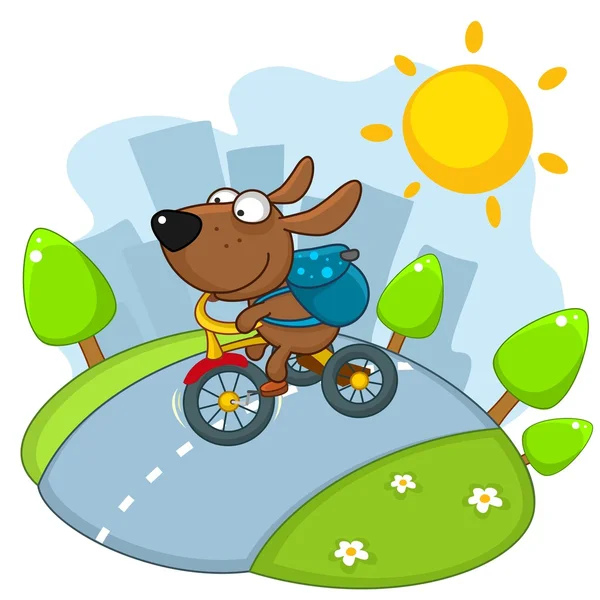 Dog with a backpack riding a bicycle on the road.