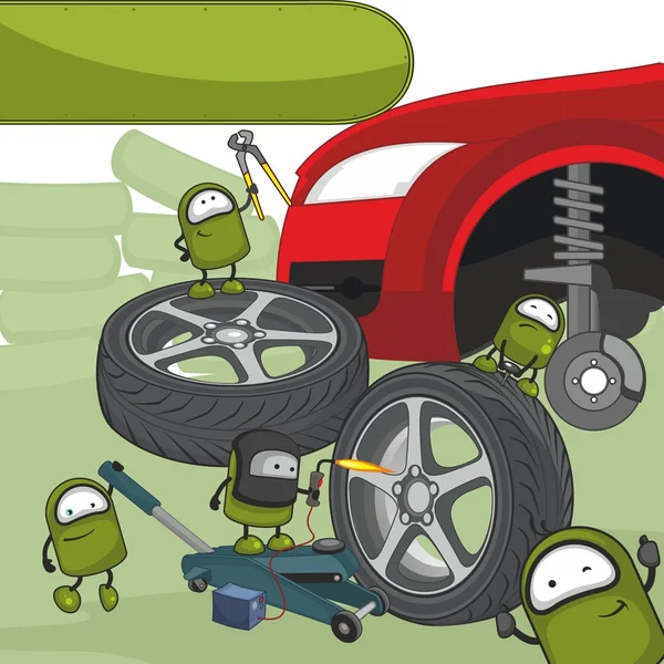 Маленькі персонажі ремонтують автомобільні колеса — стокове фото