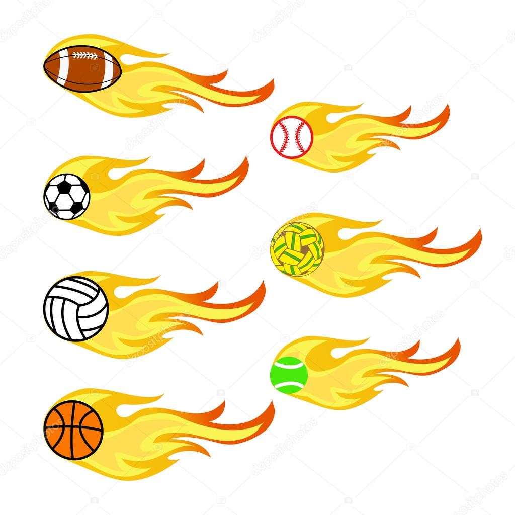 Vector of sports balls and fire on fire