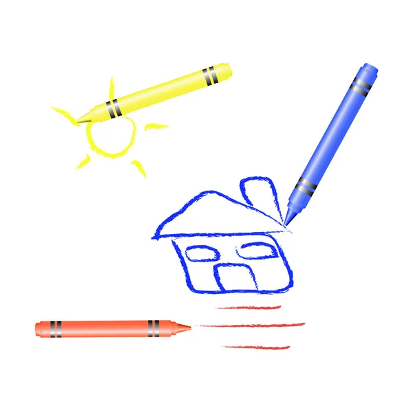 Maison et soleil du crayon — Image vectorielle