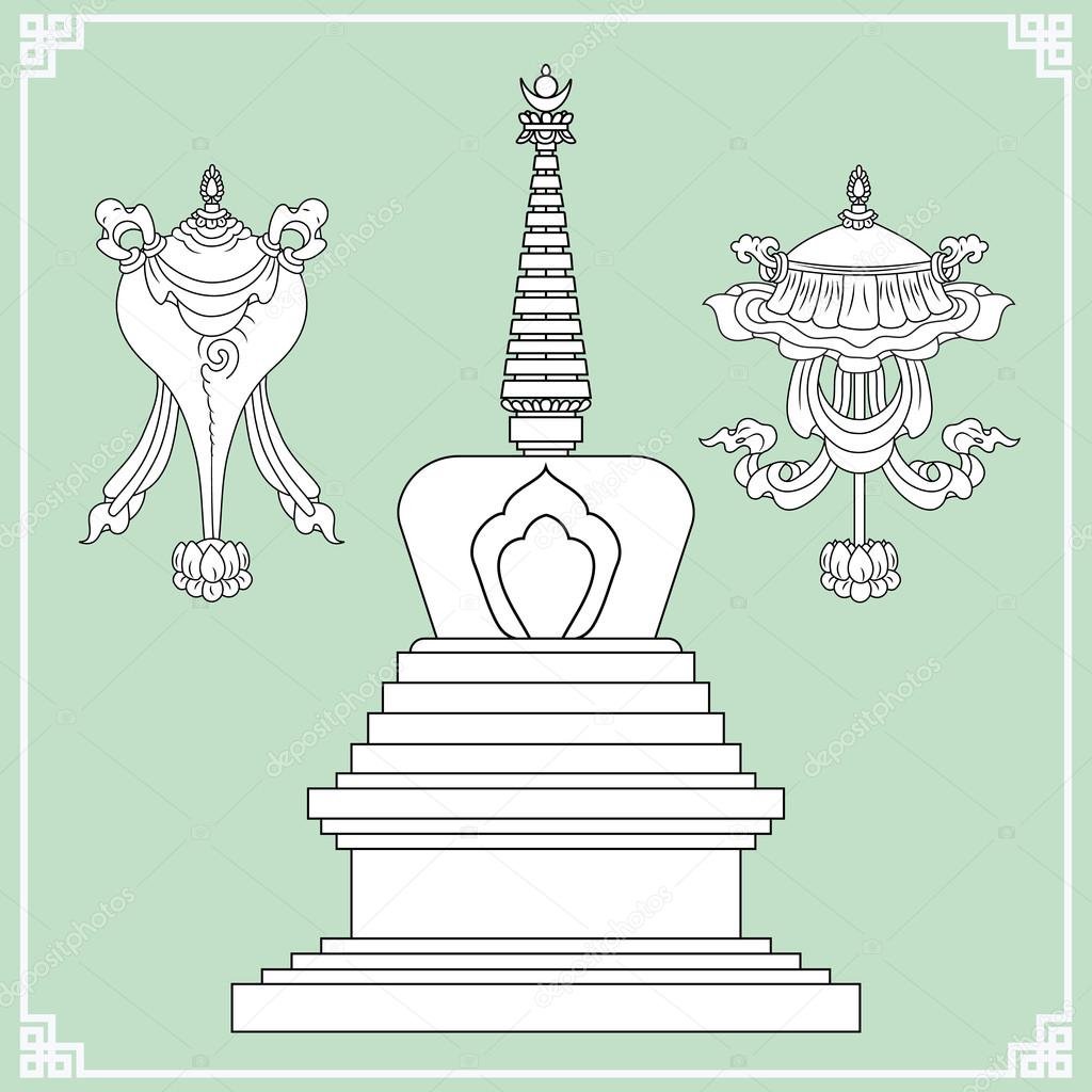 Buddhist symbols. Symbols wisdom & enlightenment. Nepal, Tibet. Stupa, Endless knot. Vector illustration.