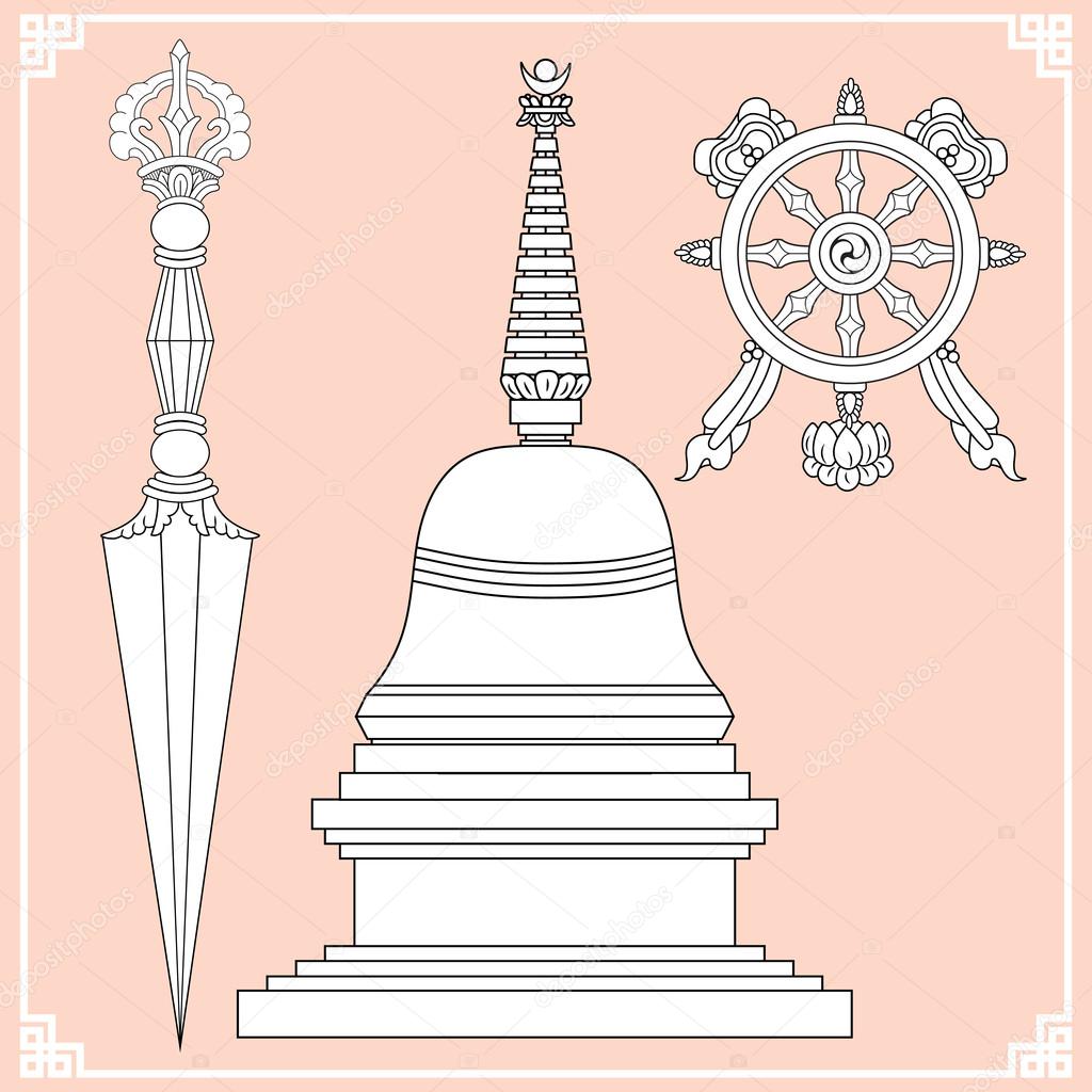 Buddhist symbols. Symbols wisdom and enlightenment. Nepal, Tibet. Stupa, Kila, Wheel of Dharma. Vector illustration.