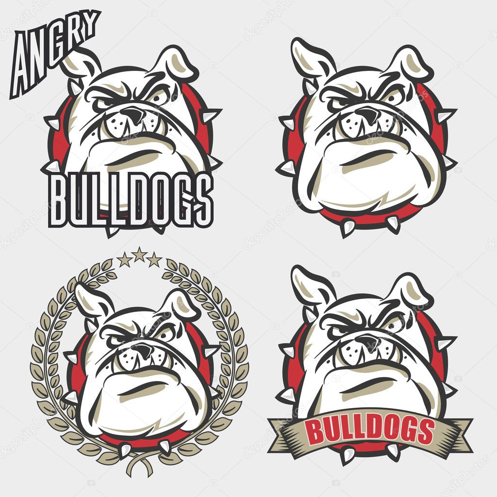 Detailed logo set of bulldog head with angry face emotion for college, school sport team logo concept, apparel design. Vector Illustration.