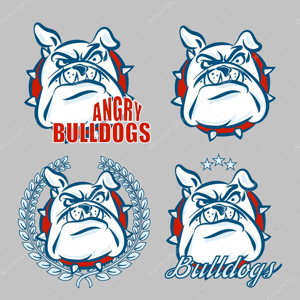 Detailed logo set of bulldog head with angry face emotion for college, school sport team logo concept, apparel design. Vector Illustration.