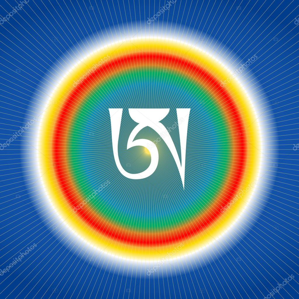 White syllable A on blue background. Tibetan letter A. Dzogchen symbol. Buddhism.