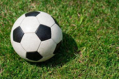 Yeşil çimlerde futbol golü atan futbol topu.