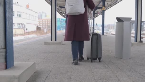 Una mujer con una bolsa de equipaje sobre ruedas camina por la estación central vacía hacia el tren. — Vídeo de stock