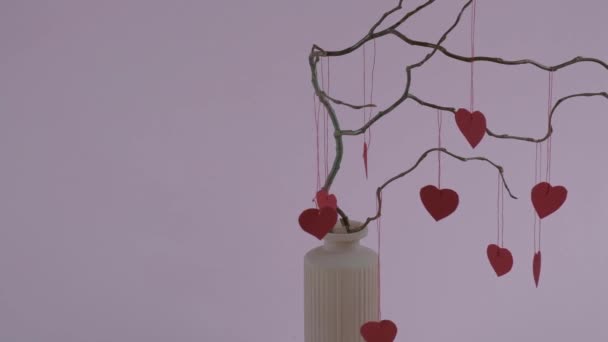 Wazon na różowym tle z gałęziami i wiszącymi sercami — Wideo stockowe